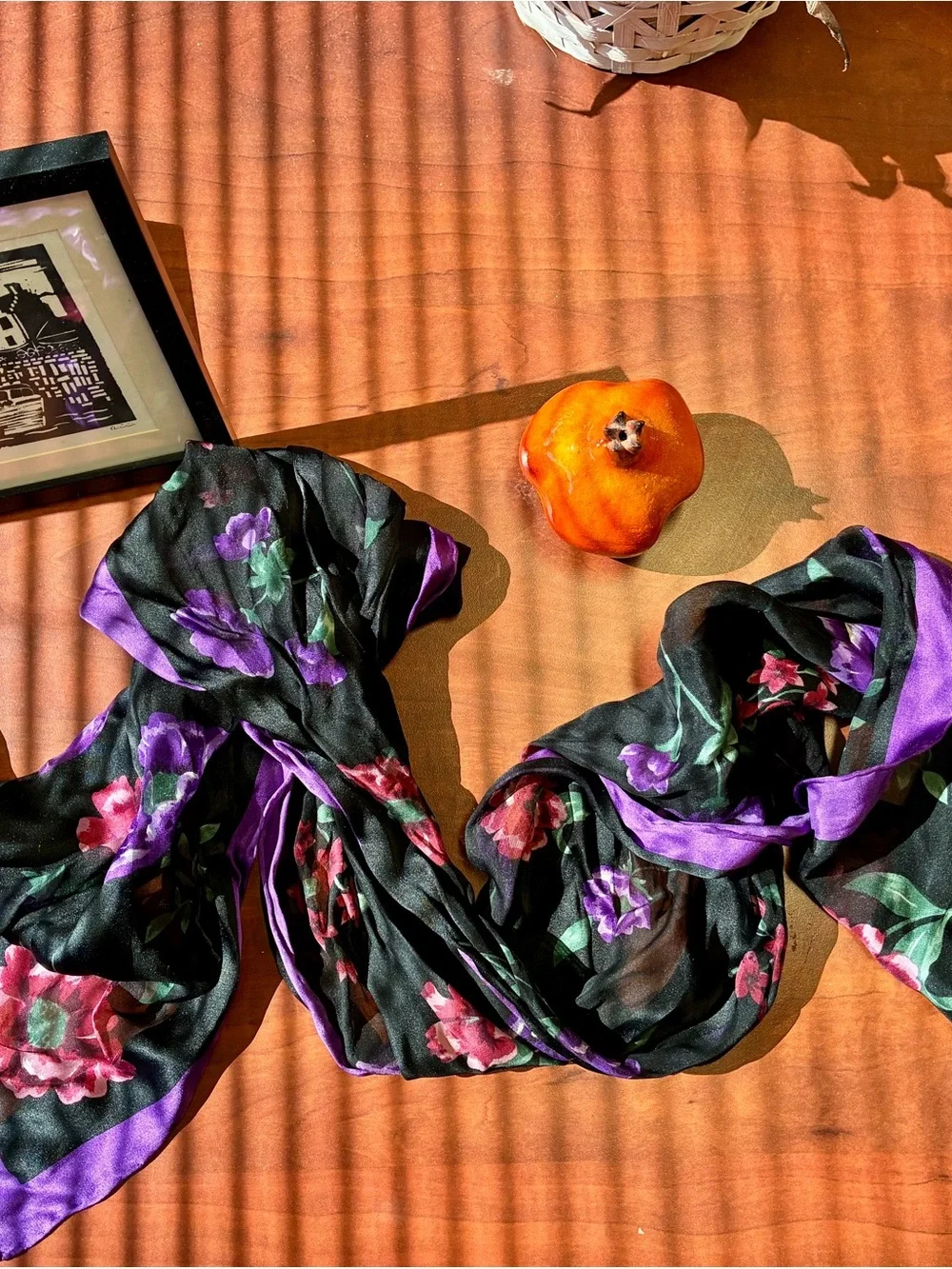Bill Blass Vintage Black & Purple Floral Silk Scarf